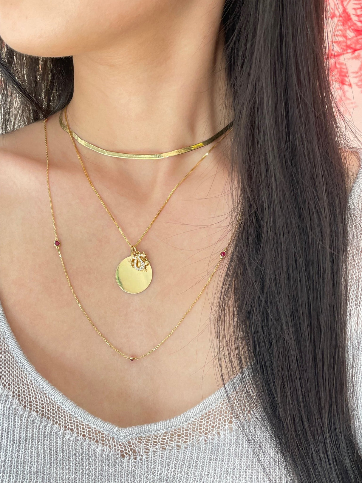 Zodiac Dragon Pendant Necklace on model 3