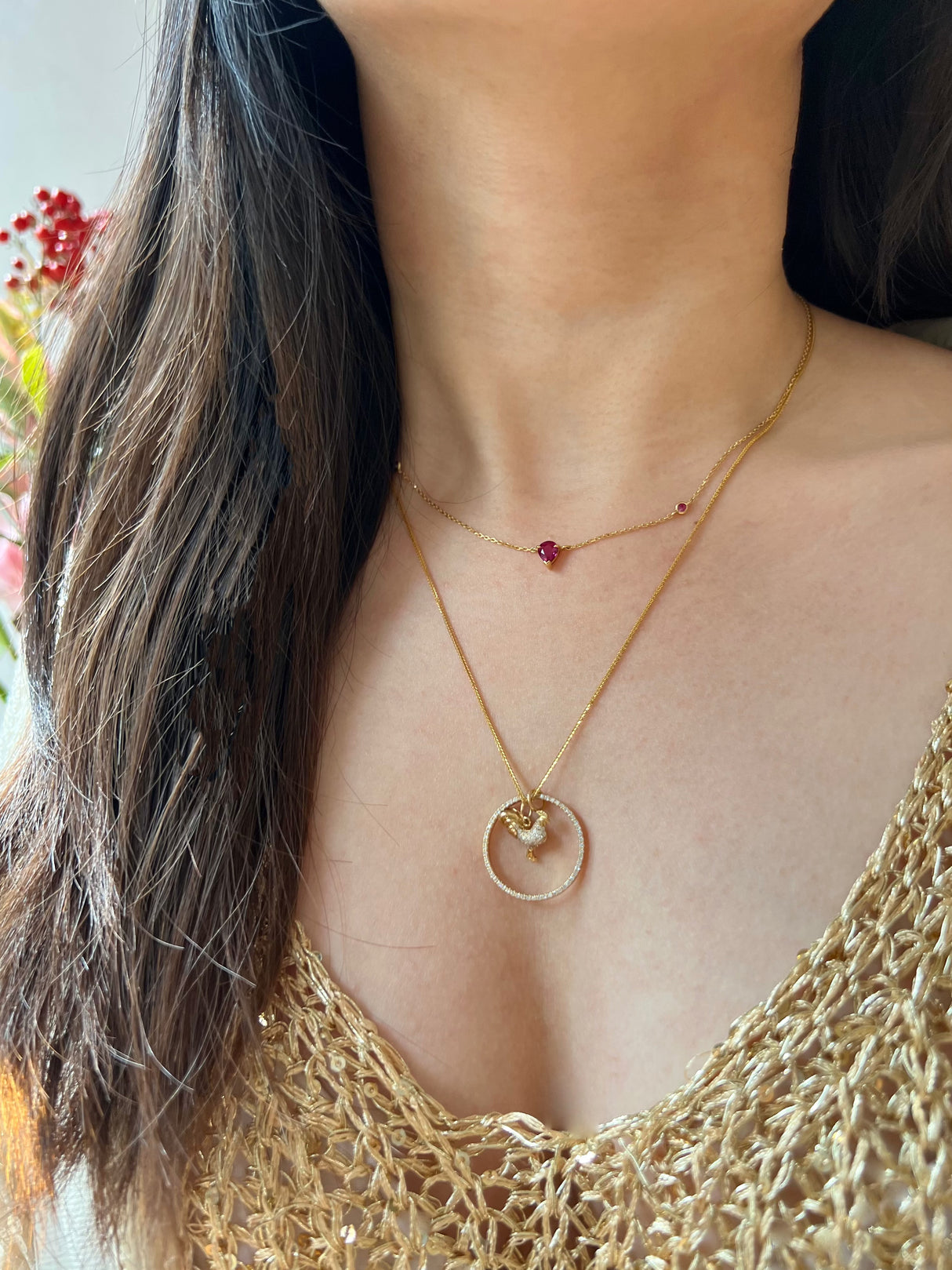 Zodiac Rooster Pendant Necklace on model 1