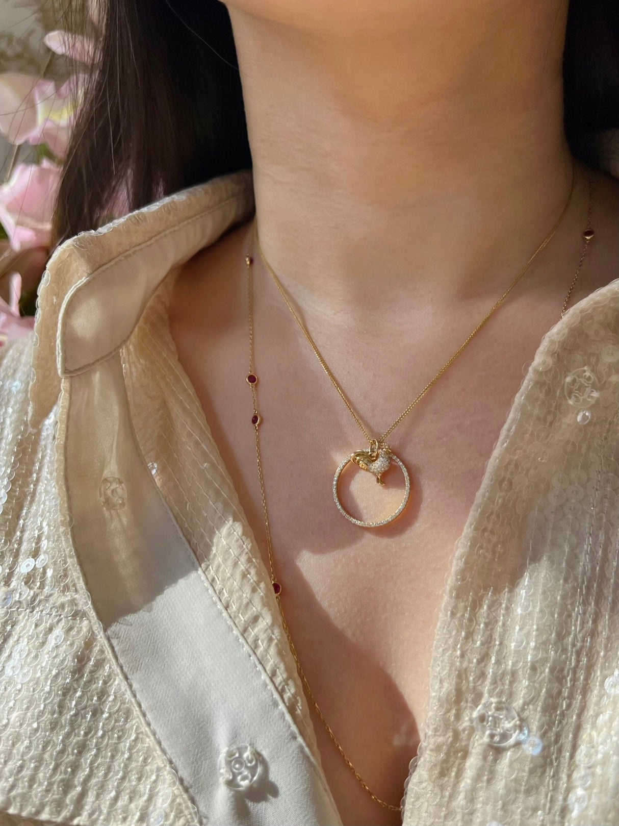 Zodiac Rooster Pendant Necklace on model 2