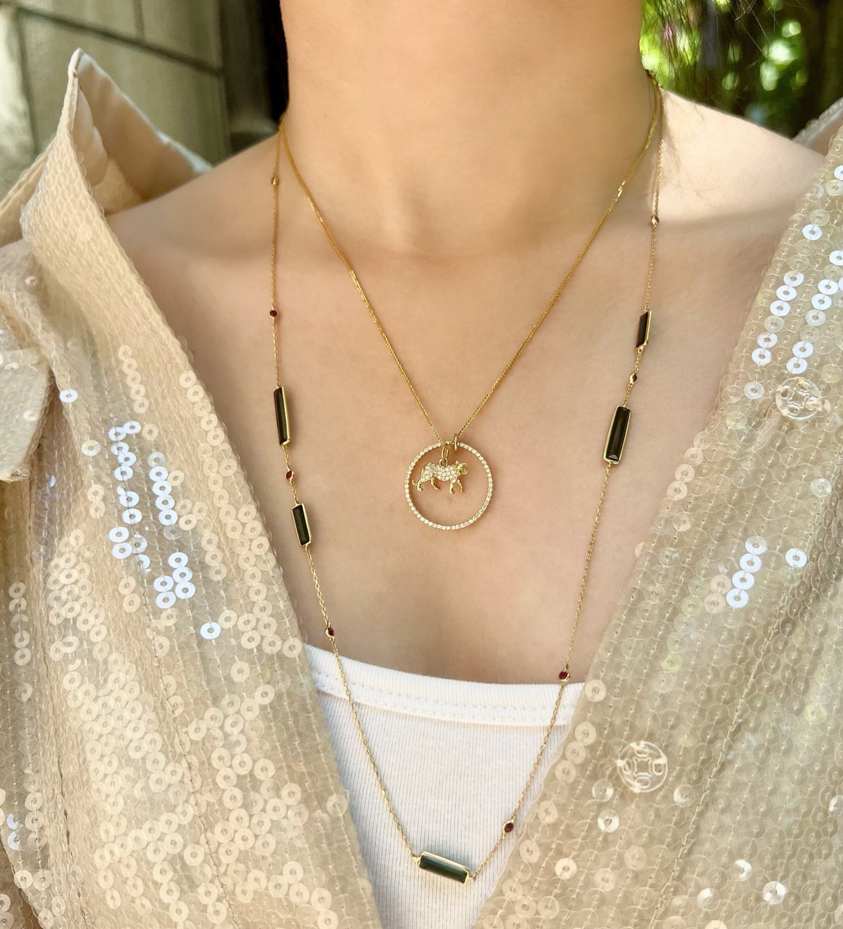 Zodiac Tiger Pendant Necklace on model 2