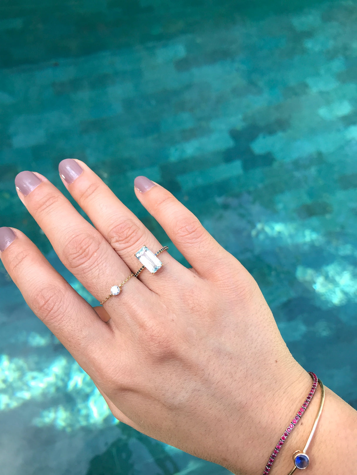 Aquamarine & Black Diamond Ring 18k gold stackable ring on model