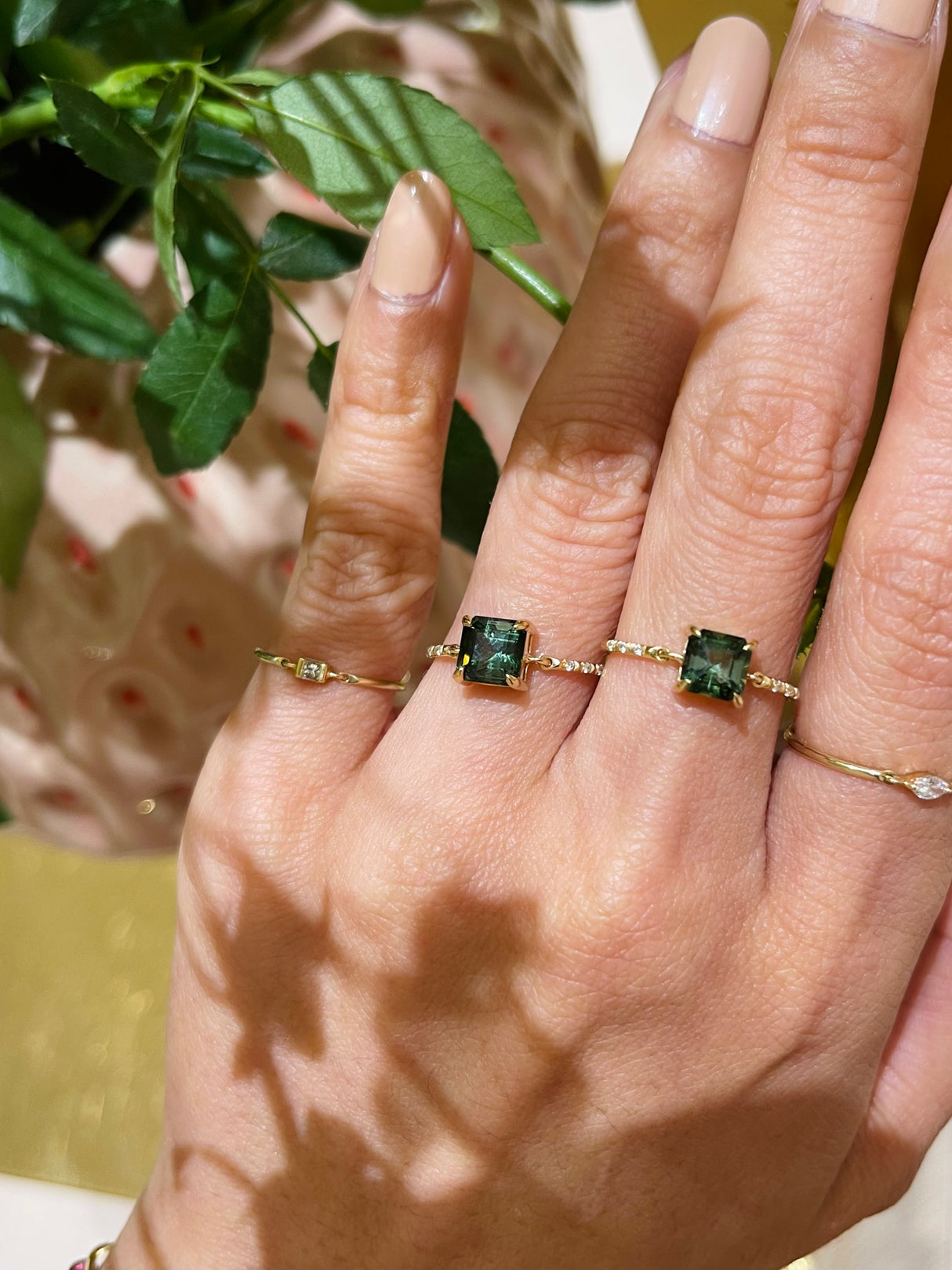 Ascher Moss Tourmaline Petite Circle Diamond Ring 18k gold Stackable ring on model