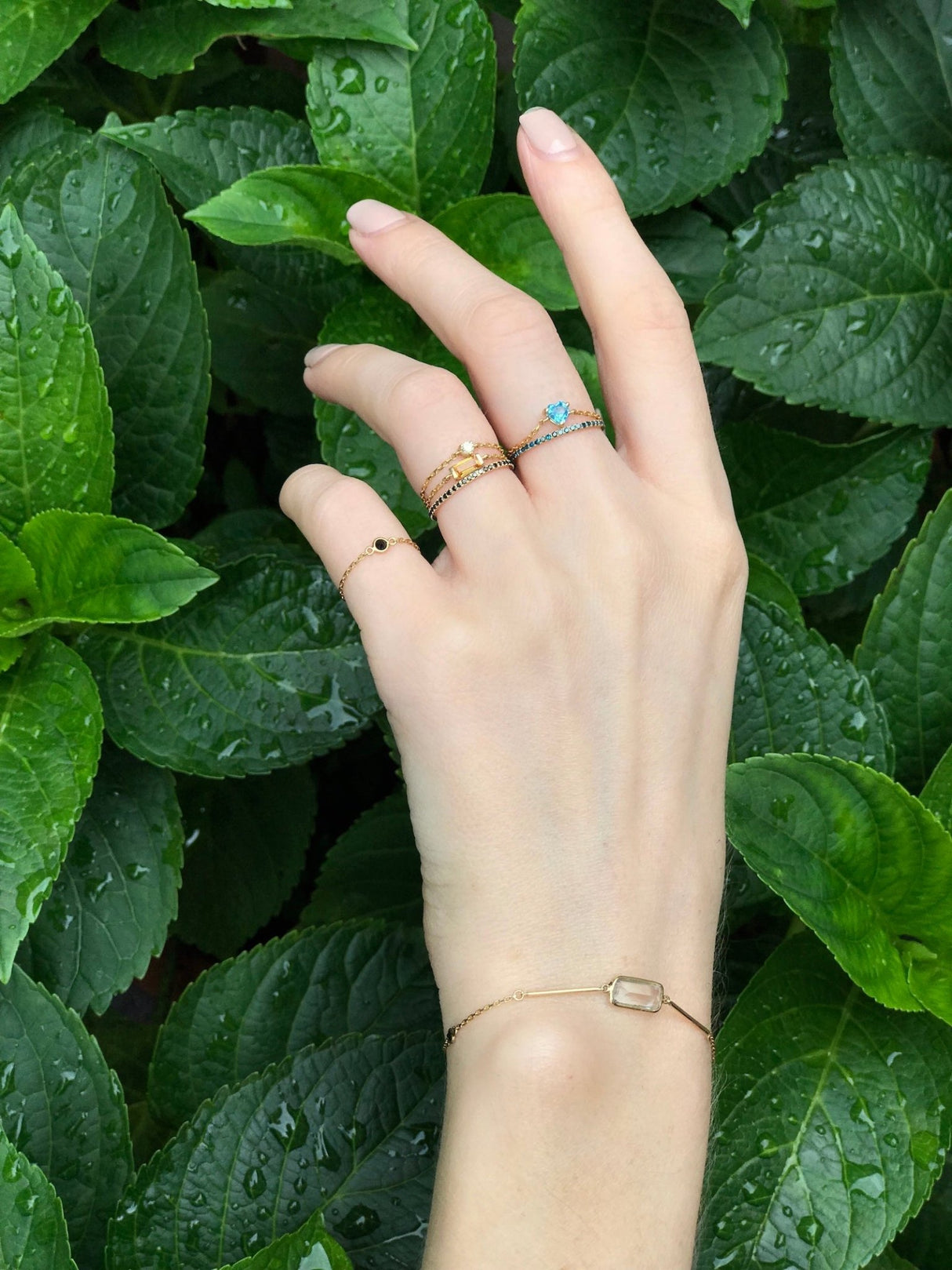 Blue Topaz Heart Chain Ring 14k gold Stackable ring on model