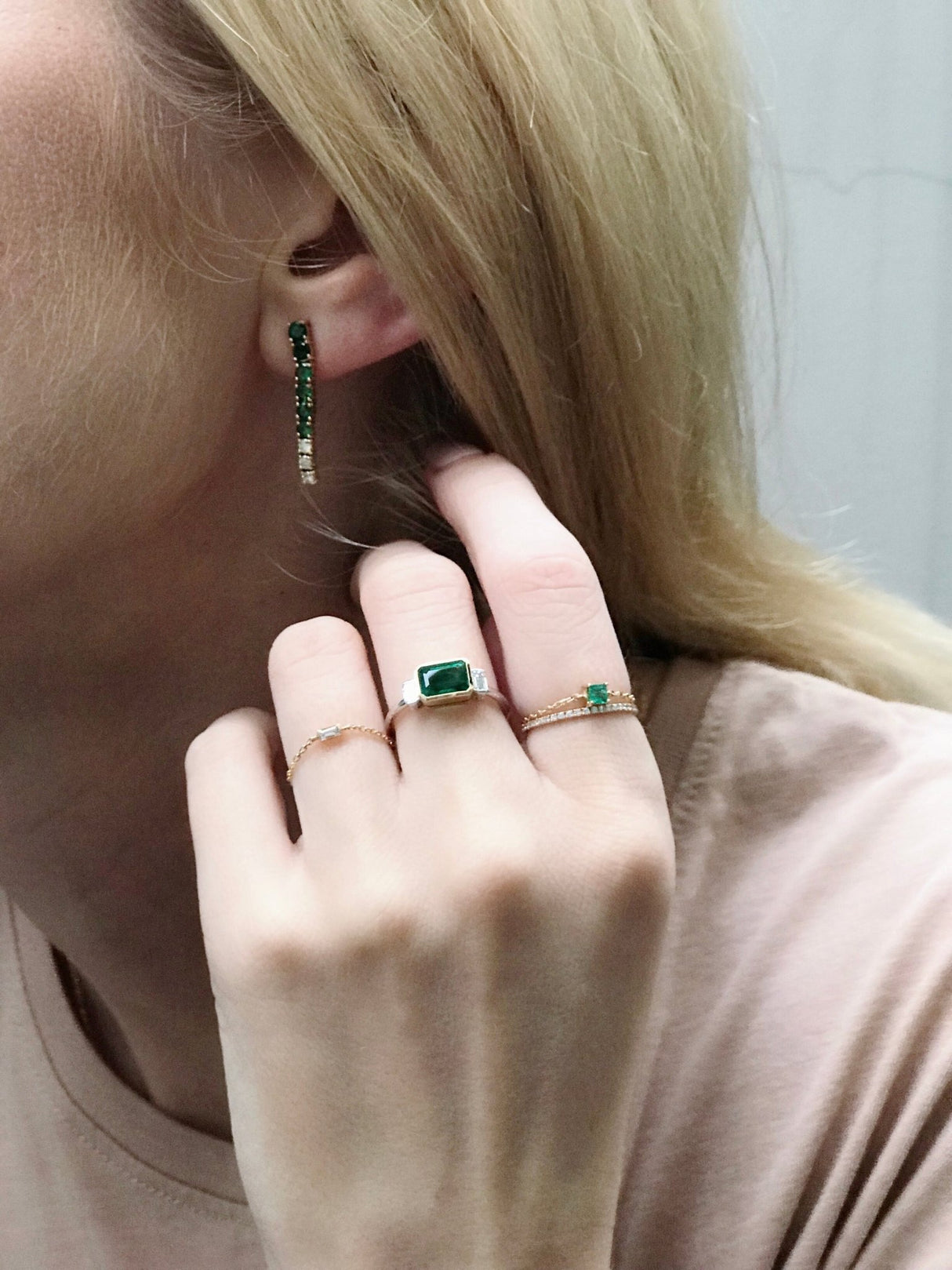 Petite Diamond Baguette Chain Ring 14k gold Stackable ring on model