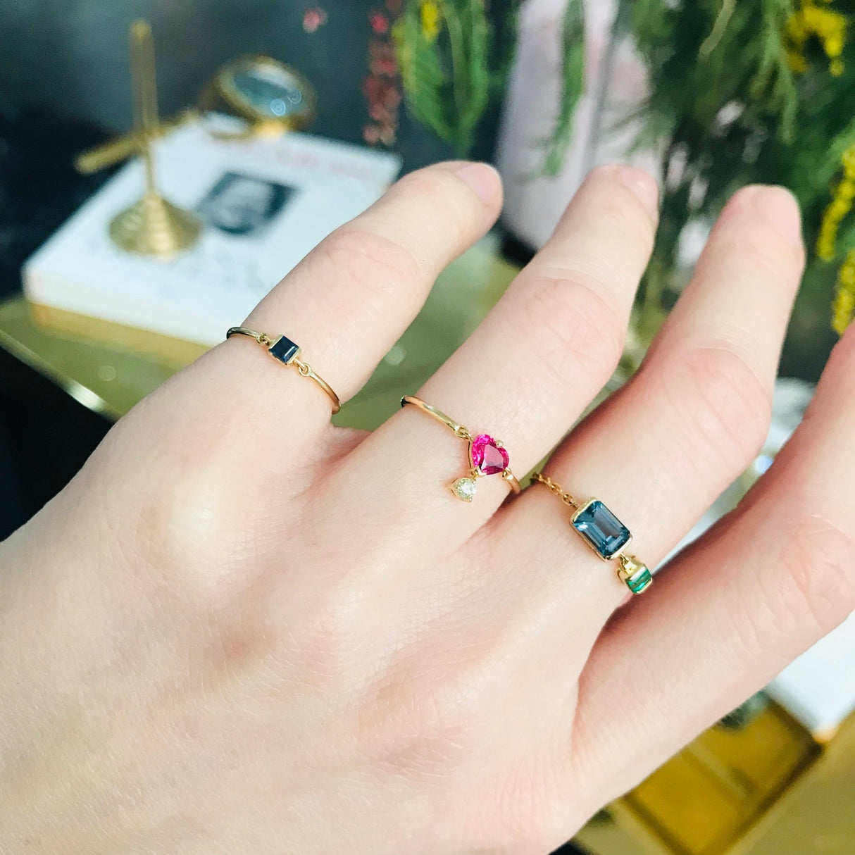 Royal Blue Sapphire Petite Circle Ring 14k gold stackable ring on model