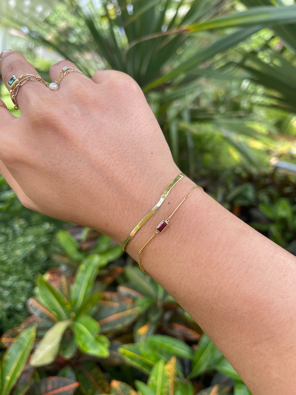 Ruby Baguette Bar Bracelet 18k gold stackable design on model