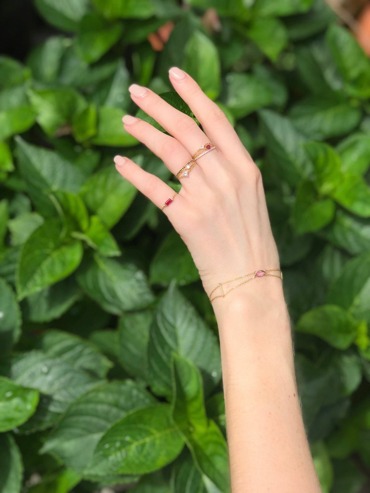 Ruby Baguette Chain Ring 14k gold Stackable ring on model