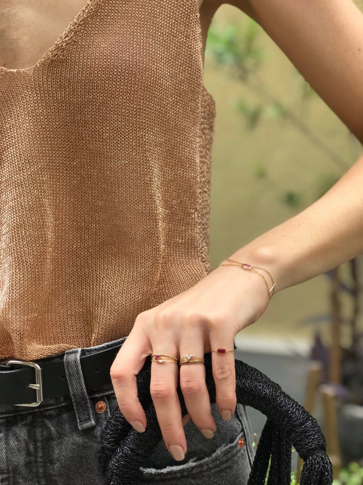 Ruby Baguette Chain Ring 14k gold Stackable ring on model