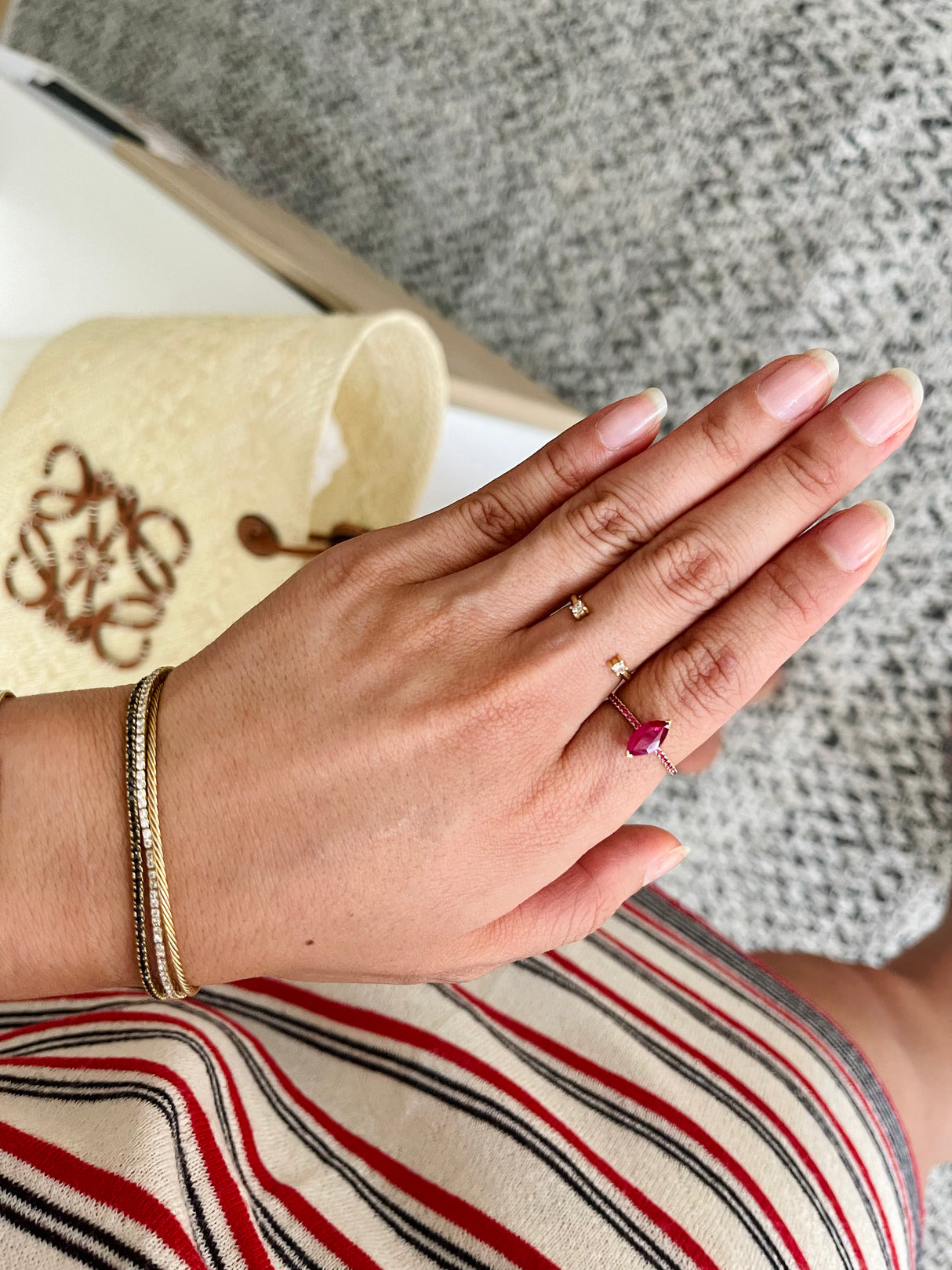 Ruby Marquise Essentials Ring 18k gold stackable ring on model 2