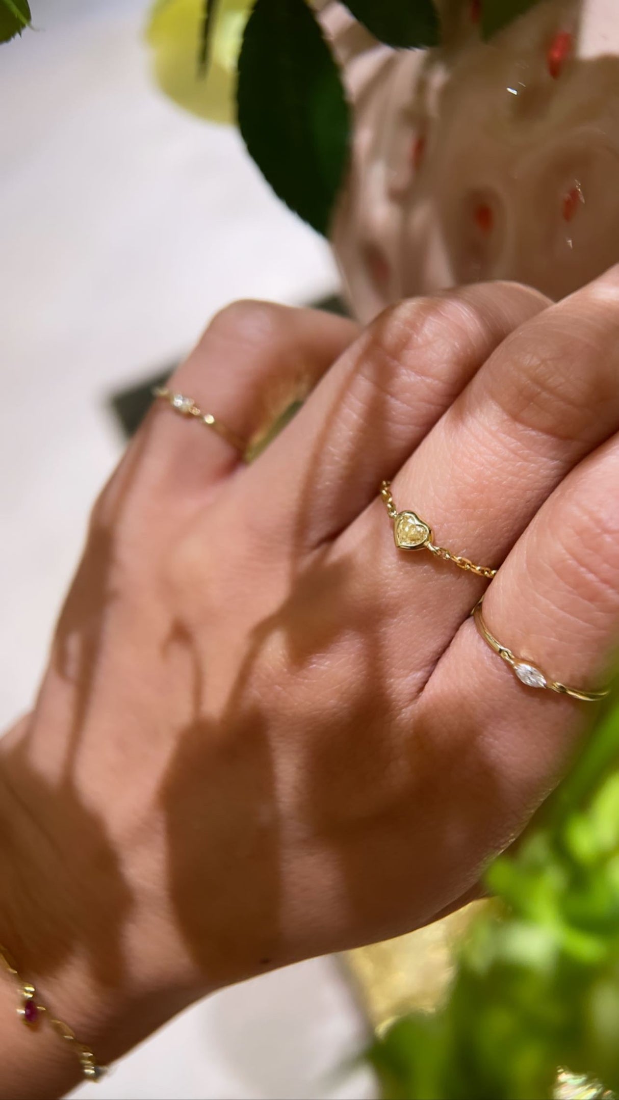 Yellow Diamond Heart Chain Ring 18k gold Stackable ring on model