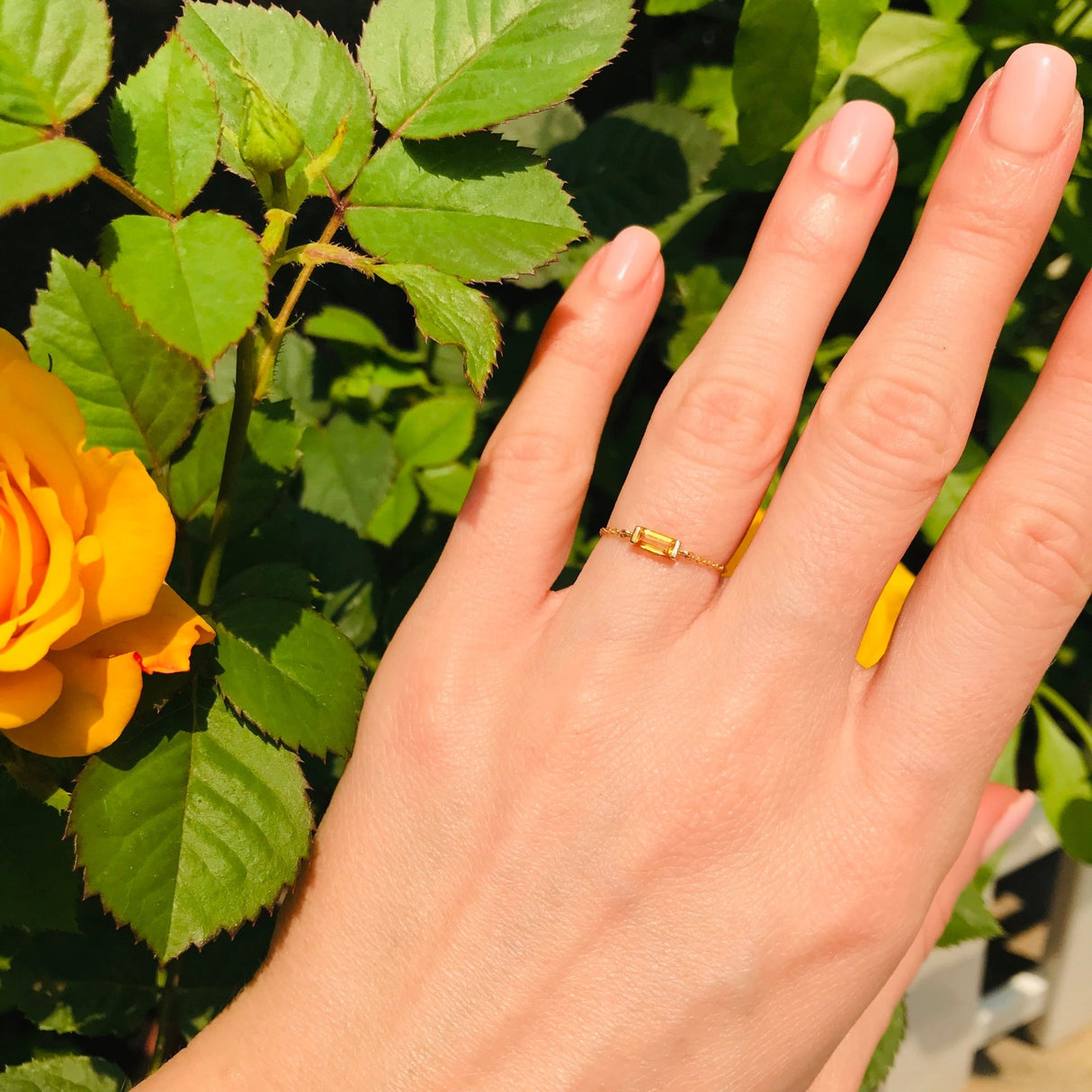 Yellow Sapphire Baguette Chain Ring 14k gold Stackable ring on model