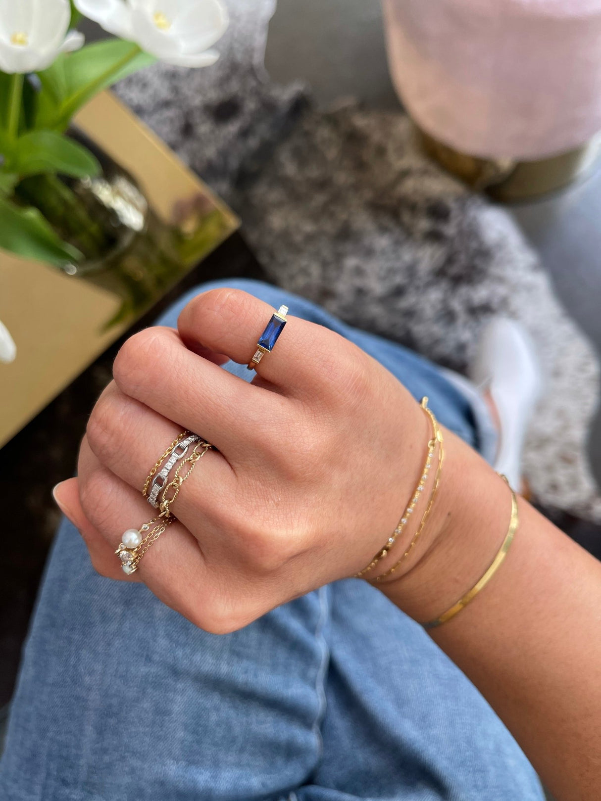 Sapphire & Diamond East West Pinky Ring