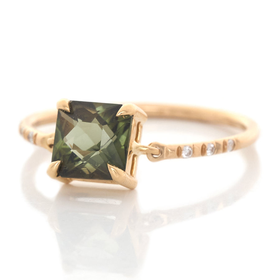 French Cut Green Tourmaline Petite Circle Diamond Ring