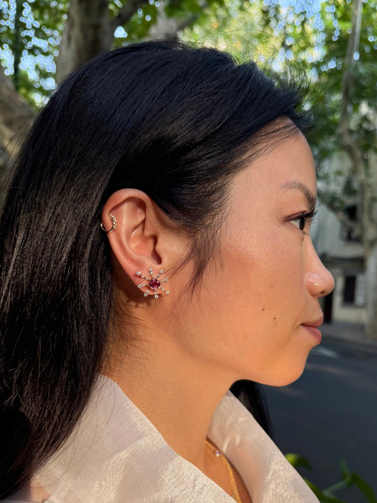 Raspberry Spinel & Diamond Starburst Earrings
