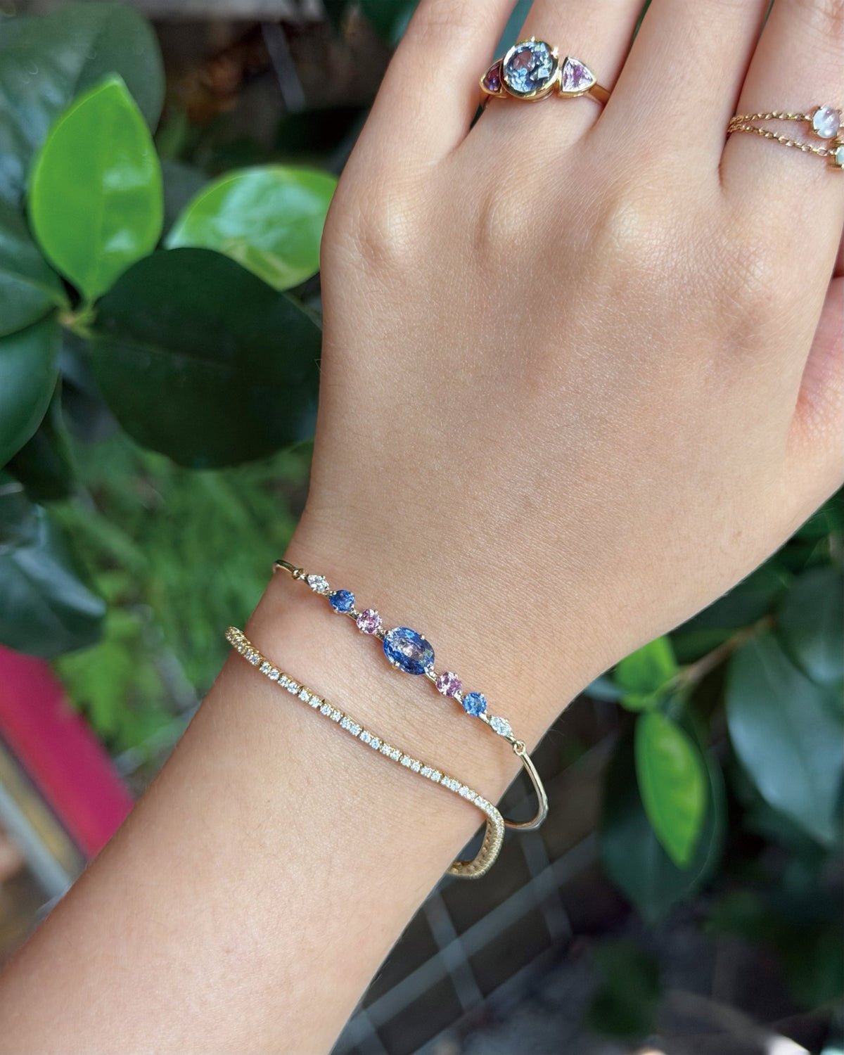 Ceylon Sapphire & Pink Spinel Diamond Compass Bangle