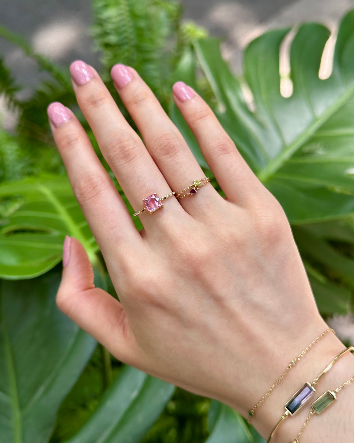 Ombre Pink Tourmaline Petite Circle Diamond Ring