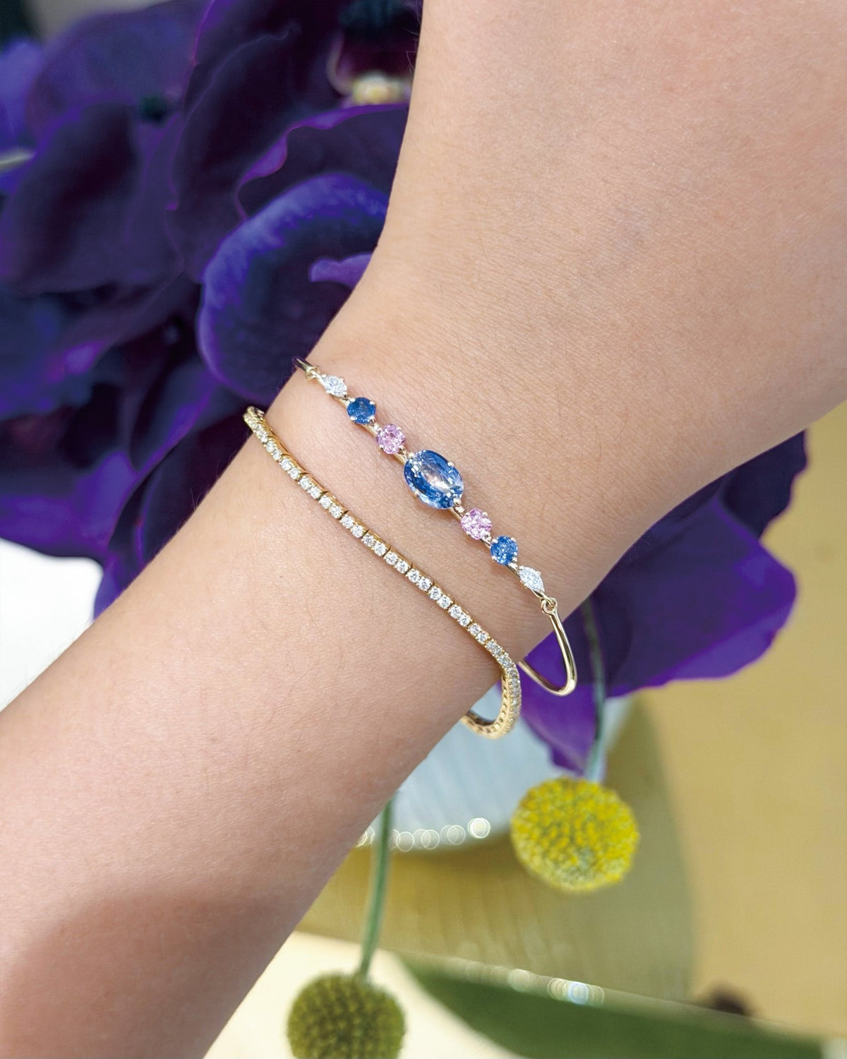 Ceylon Sapphire & Pink Spinel Diamond Compass Bangle