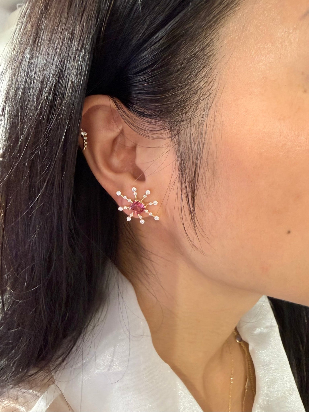 Raspberry Spinel & Diamond Starburst Earrings