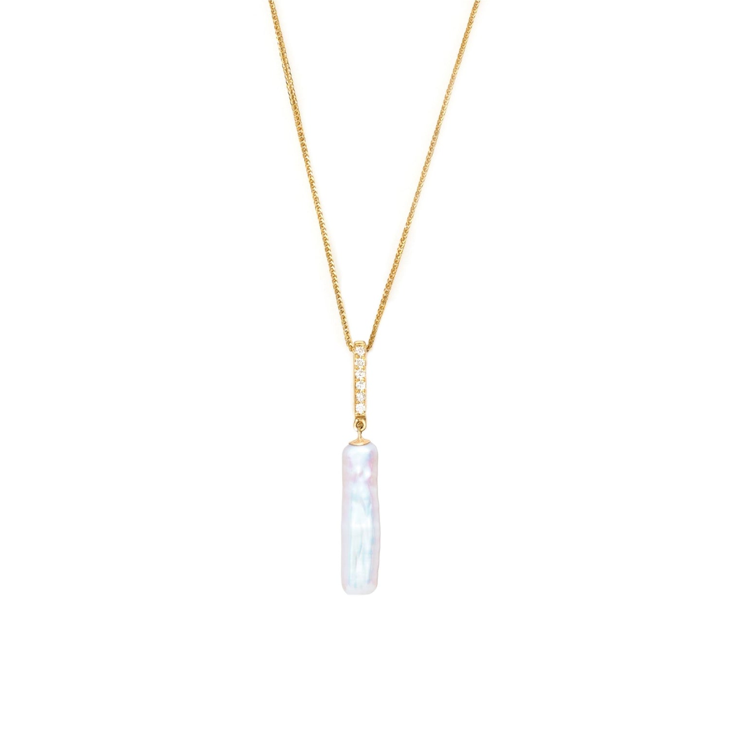 Akoya Pearl & Diamond Bar Pendant Necklace 18k handmade fine jewelry