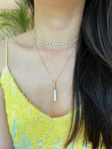 Akoya Pearl & Diamond Bar Pendant handmade Necklace in 18k gold on model