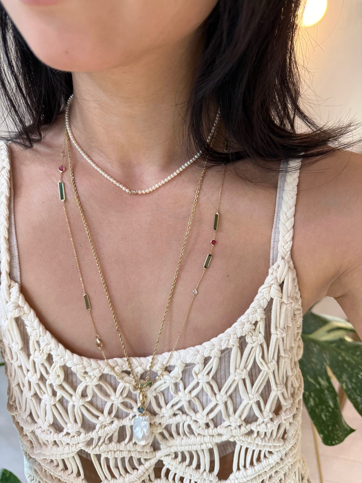 Akoya Pearl & Diamond handmade Choker Necklace in 18k gold on model