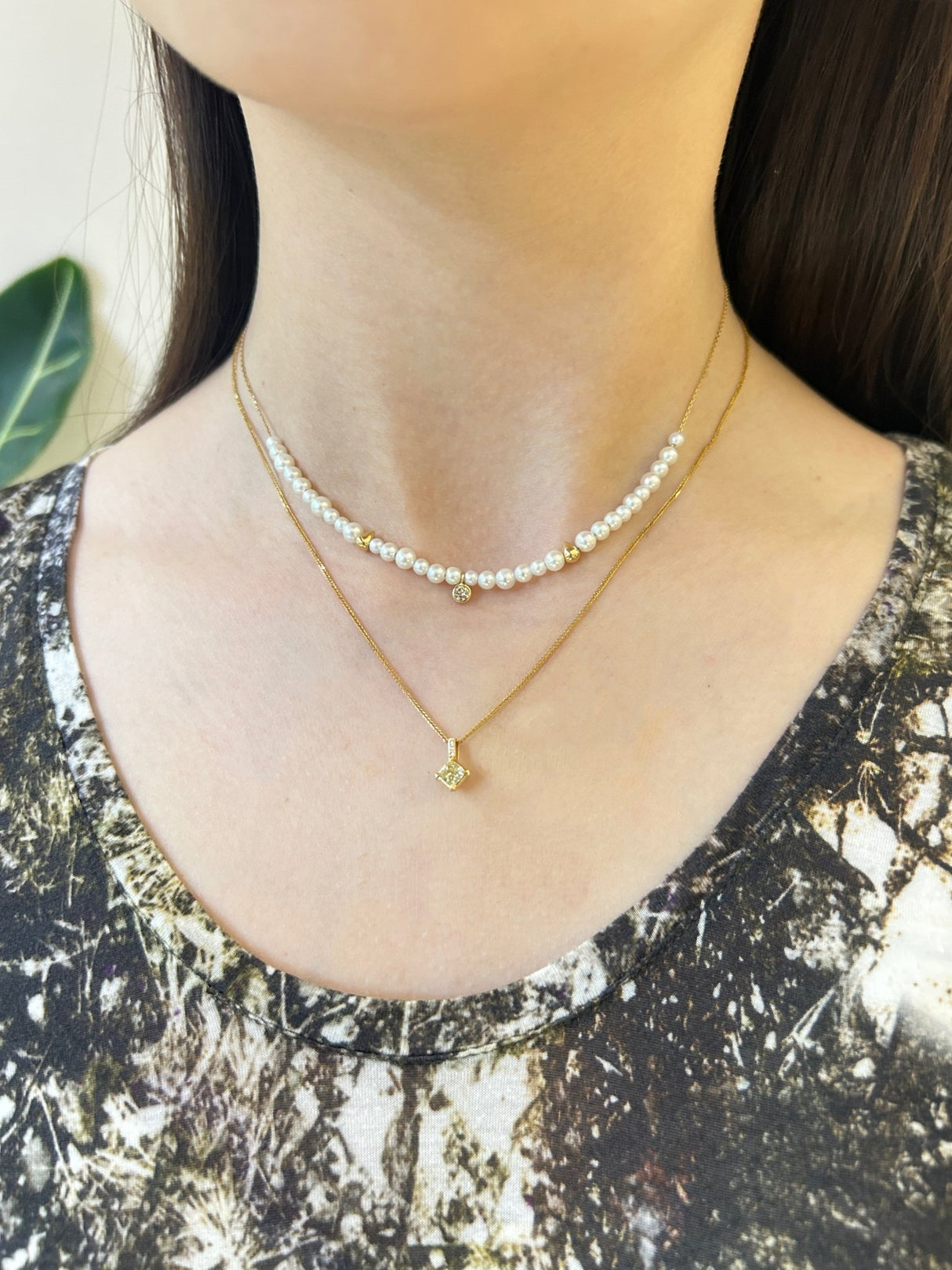 Akoya Pearl Diamond dot fine jewelry Necklace in 18k gold on model 2