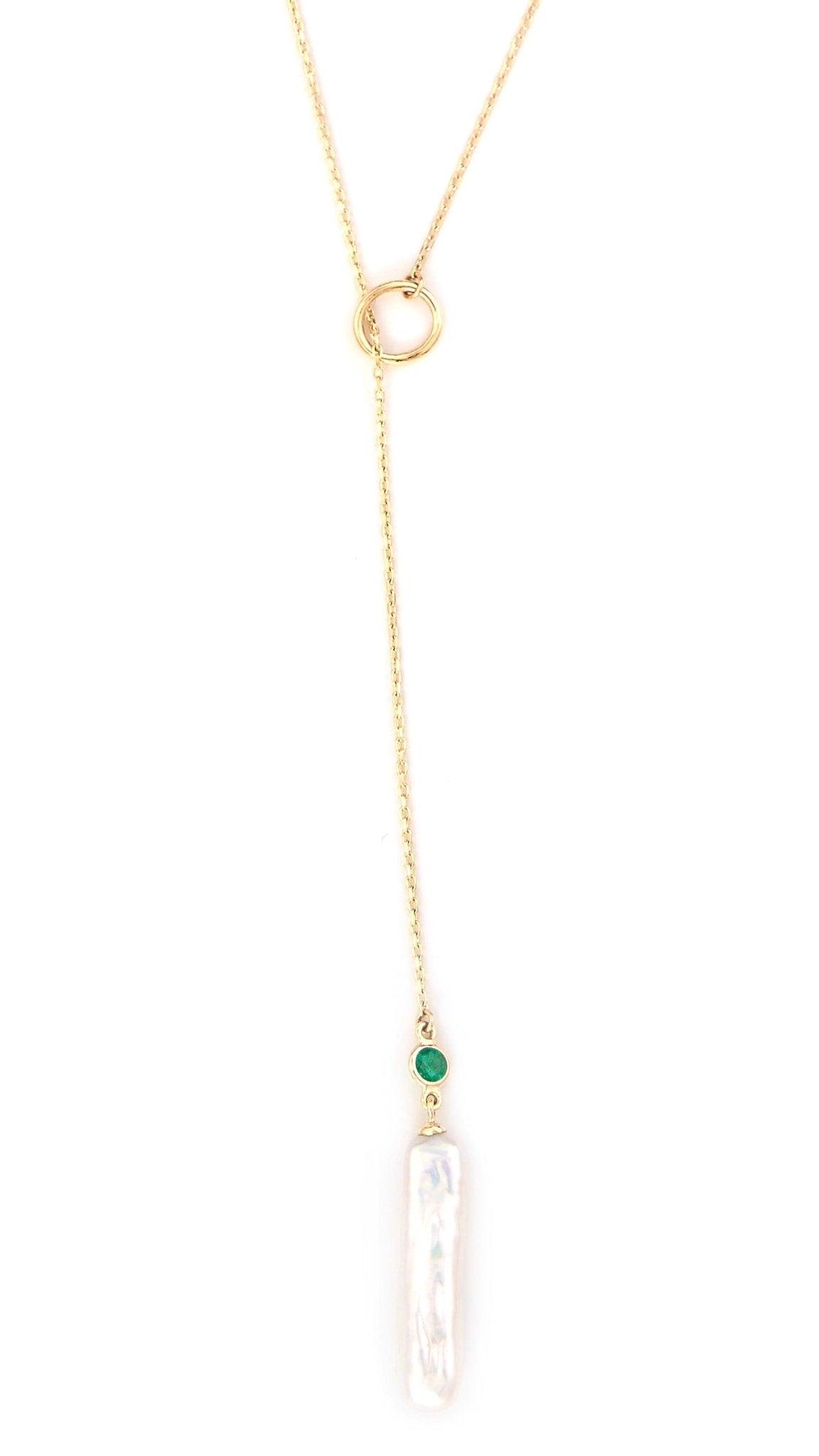 Akoya Pearl & Emerald Lariat Bar Necklace 14k handmade fine jewelry