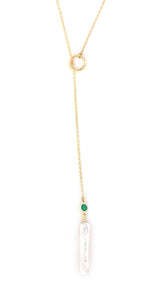 Akoya Pearl & Emerald Lariat Bar Necklace 14k handmade fine jewelry