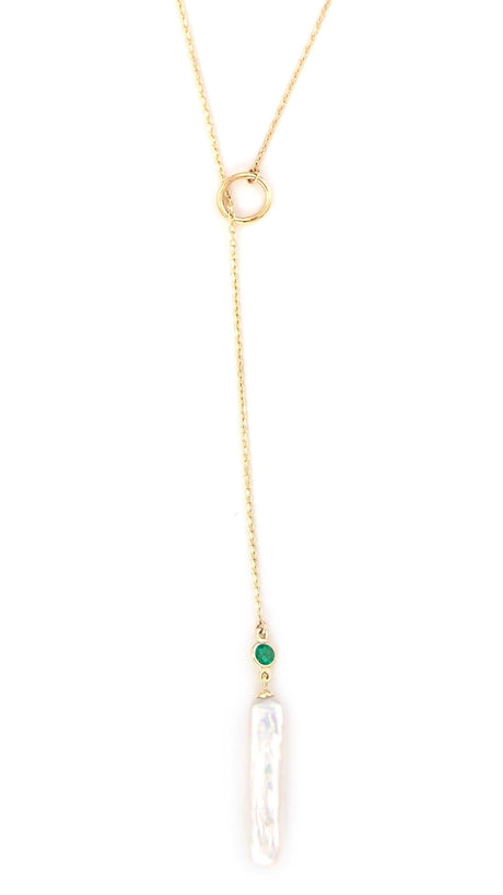Akoya Pearl & Emerald Lariat Bar Necklace 14k handmade fine jewelry