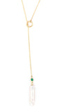 Akoya Pearl & Emerald Lariat Bar Necklace 14k handmade fine jewelry