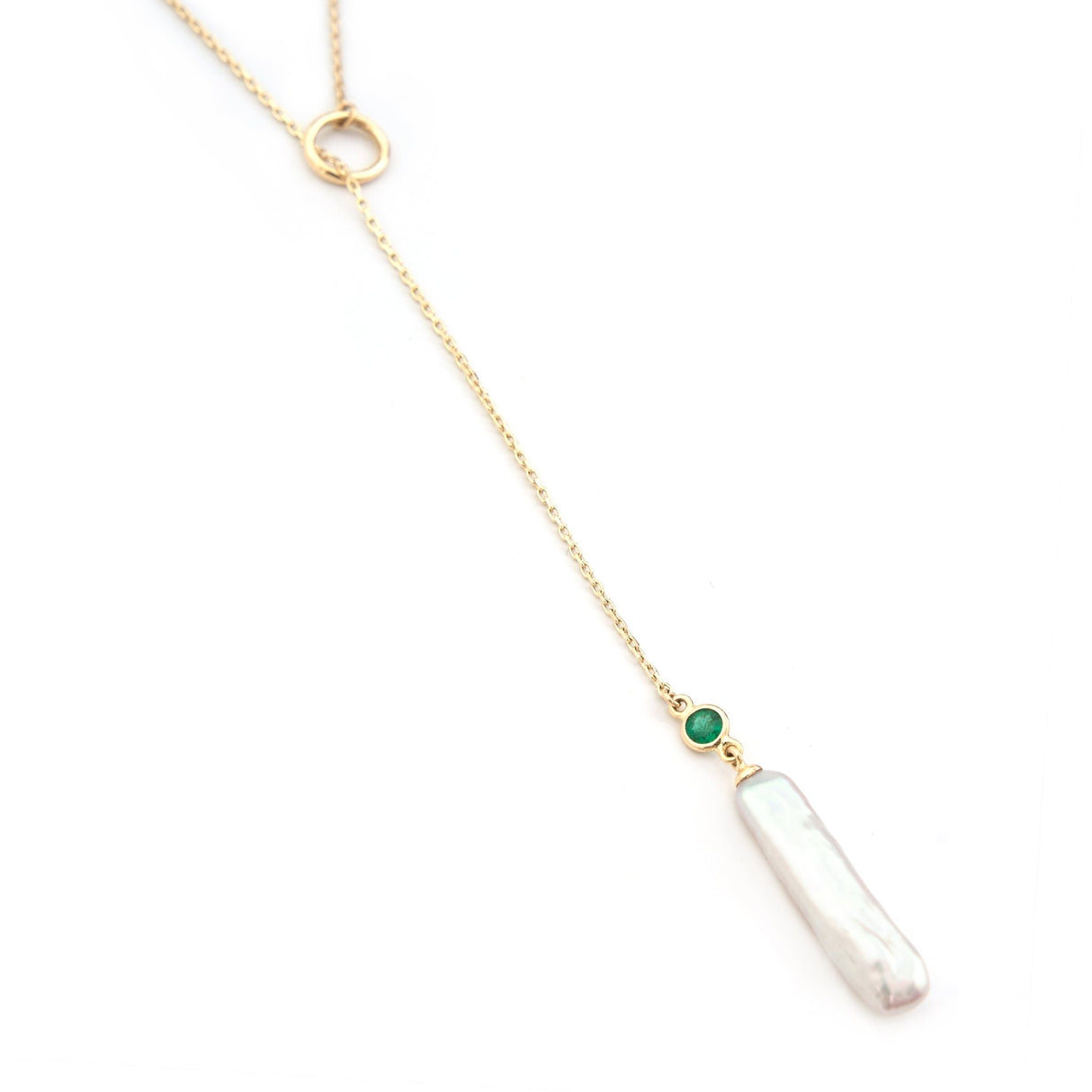 Akoya Pearl & Emerald Lariat Bar Necklace 14k handmade fine jewelry 3