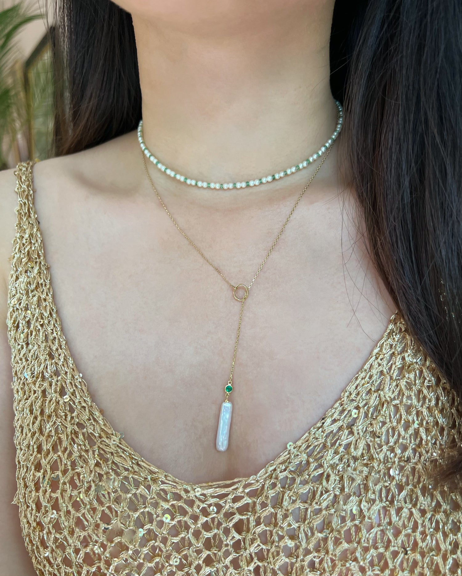 Akoya Pearl & Emerald Lariat Bar handmade  Necklace in 14k gold on model
