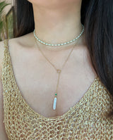 Akoya Pearl & Emerald Lariat Bar handmade  Necklace in 14k gold on model