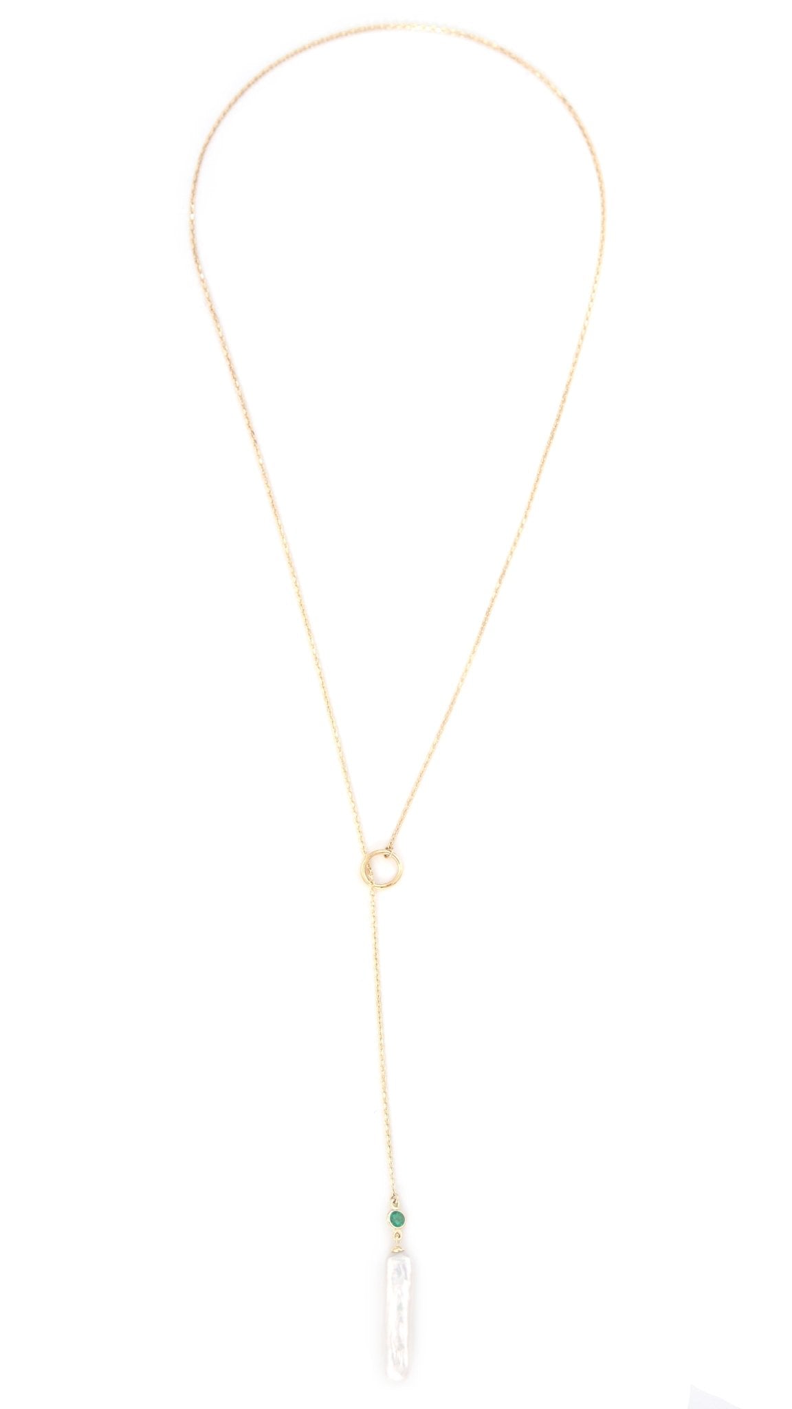 Akoya Pearl & Emerald Lariat Bar Necklace 14k handmade fine jewelry 2