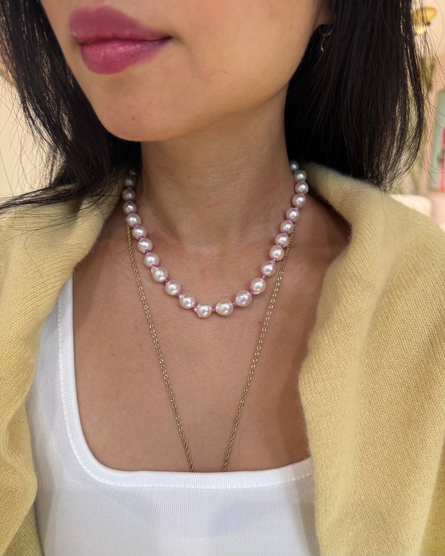 Akoya Pearl & Pink Sapphire Aphrodite Necklace 18K gold handmade fine jewelry on model