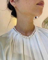Akoya Pearl & Pink Sapphire Aphrodite Necklace 18K gold handmade fine jewelry on model 1