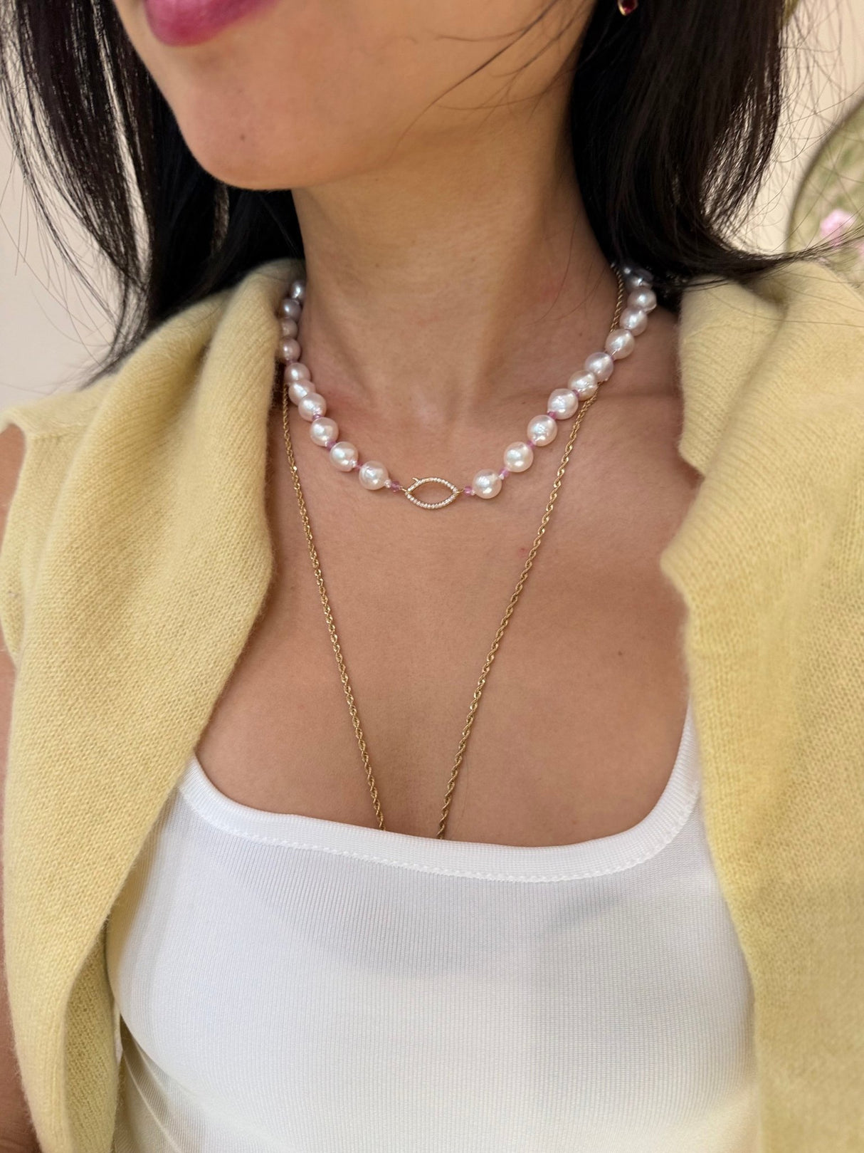 Akoya Pearl & Pink Sapphire Aphrodite Necklace 18K gold handmade fine jewelry on model 2