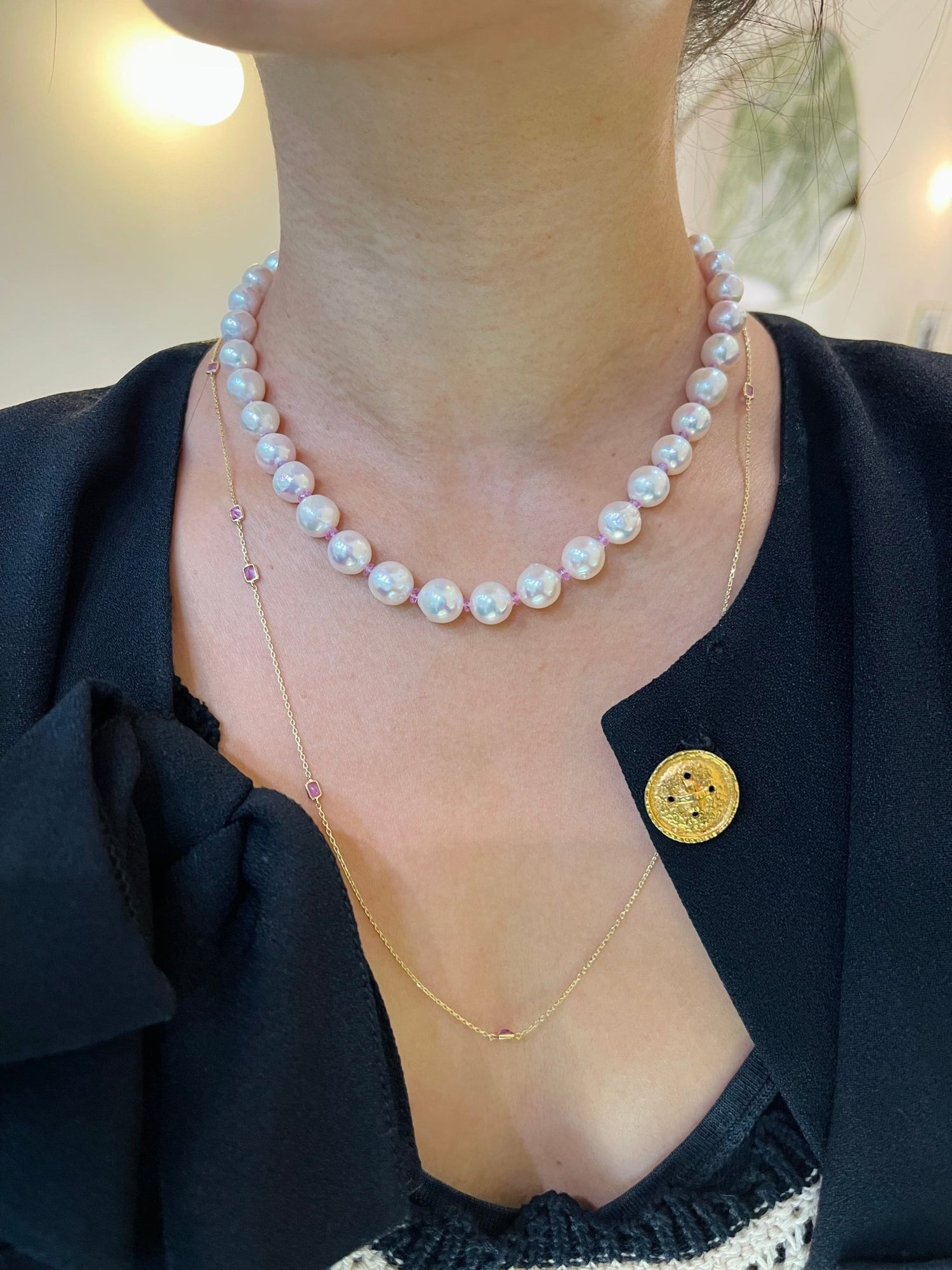 Akoya Pearl & Pink Sapphire Aphrodite Necklace 18K gold handmade fine jewelry on model 3