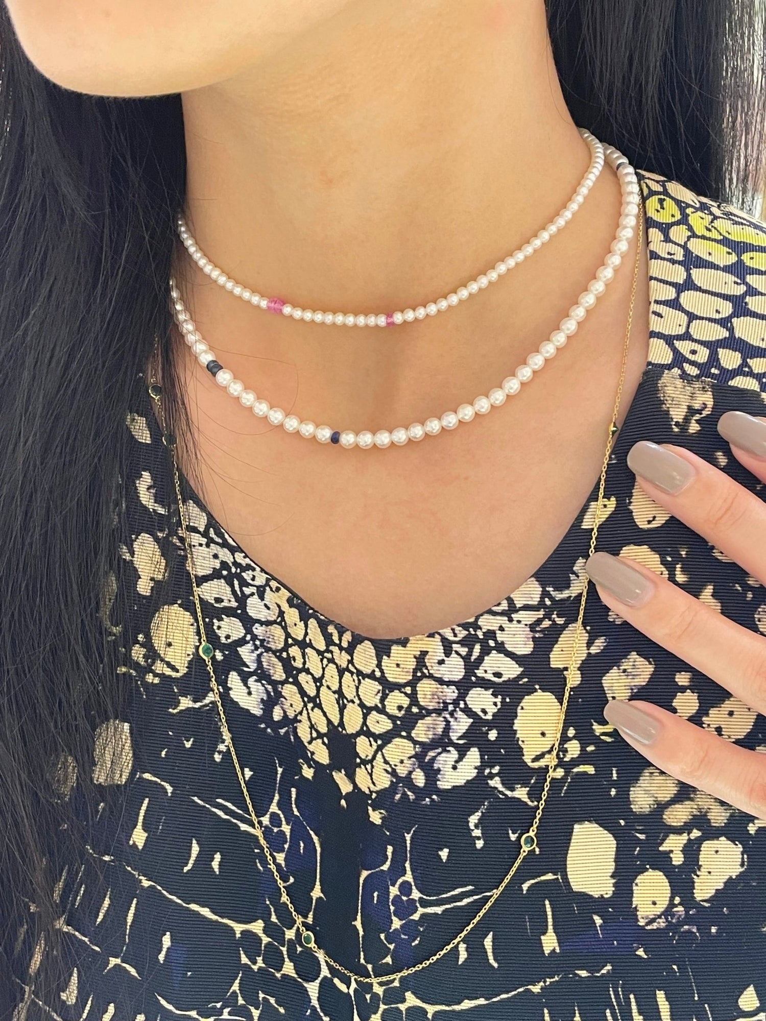 Akoya Pearl & Pink Sapphire handmade Necklace in 18k gold on model