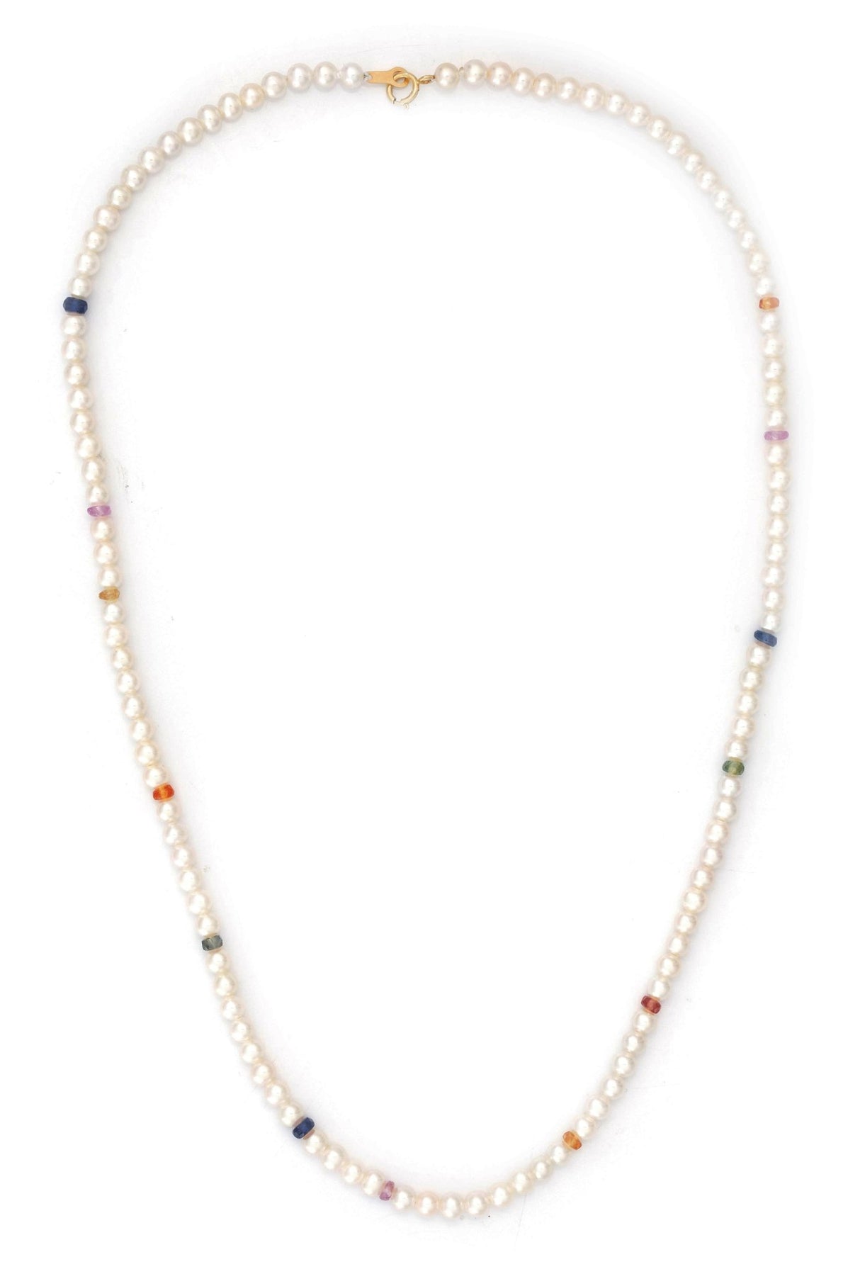 A choker necklace featuring a strand of akoya pearls with rainbow colored sapphires interspersed between the pearls, strung together with gold clasp and loop.