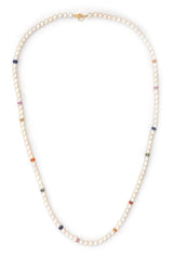 A choker necklace featuring a strand of akoya pearls with rainbow colored sapphires interspersed between the pearls, strung together with gold clasp and loop.