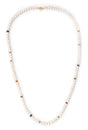 A choker necklace featuring a strand of akoya pearls with rainbow colored sapphires interspersed between the pearls, strung together with gold clasp and loop.