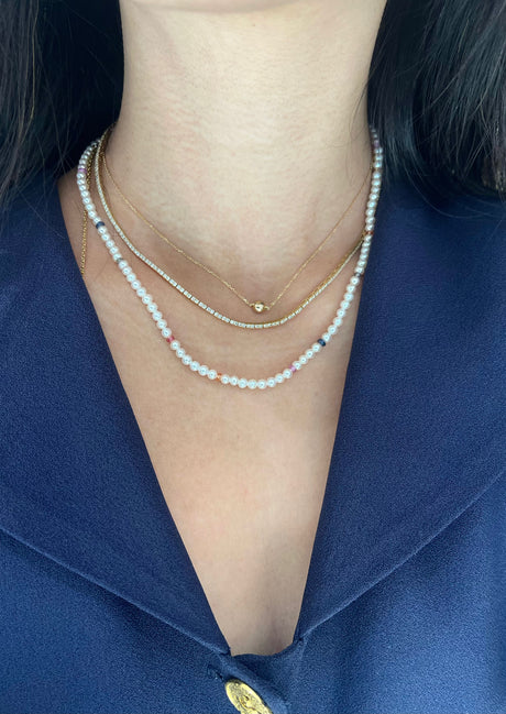 Akoya Pearl & Rainbow Sapphires handmade Necklace in 18k gold on model