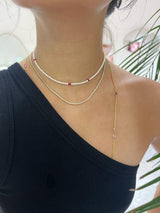 Akoya Pearl & Ruby handmade Necklace in 18k gold on model