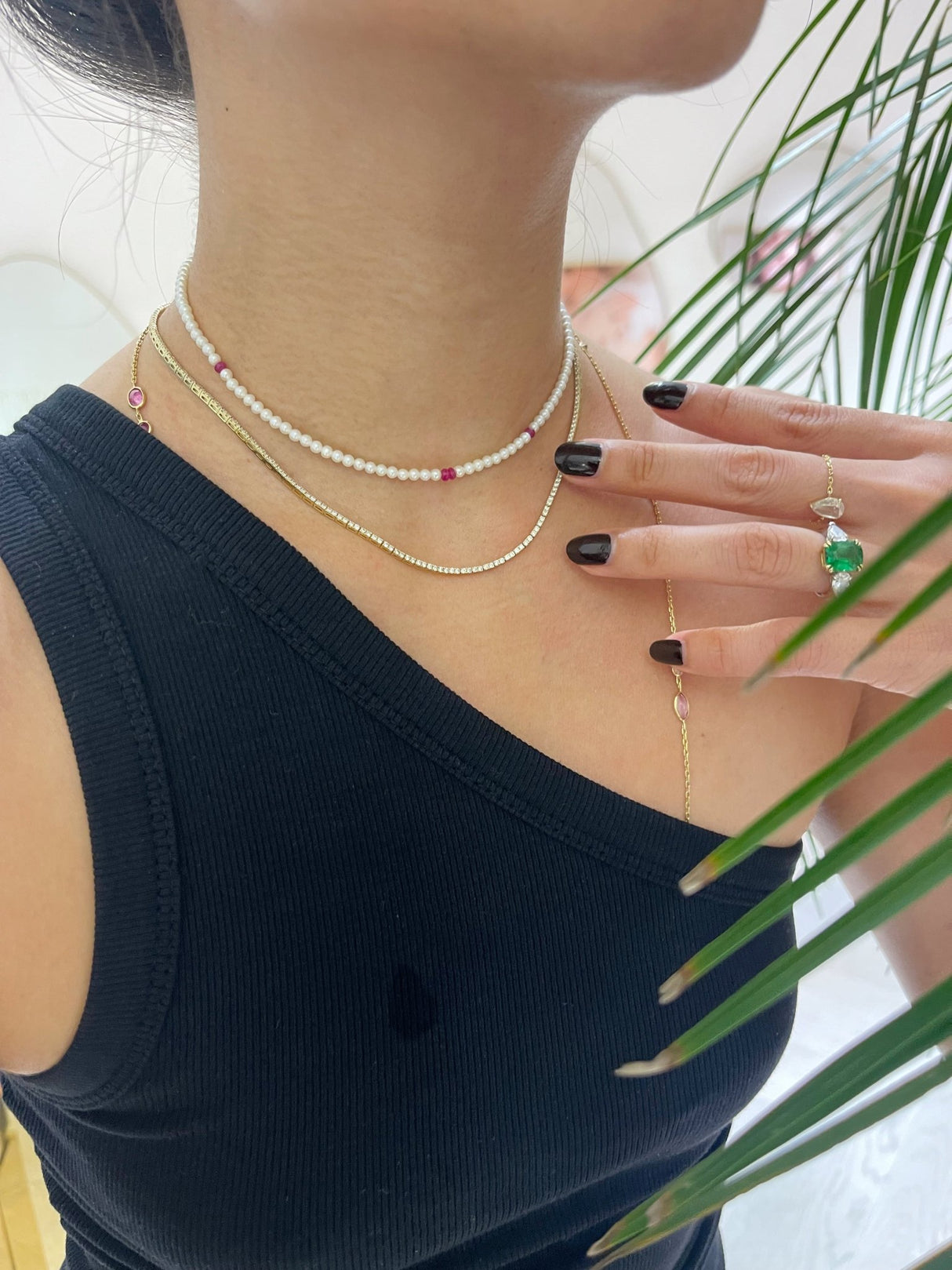 Akoya Pearl & Ruby fine jewelry Necklace in 18k gold on model 2