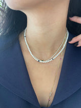 Akoya Pearl & Sapphire handmade Necklace in 18k gold on model