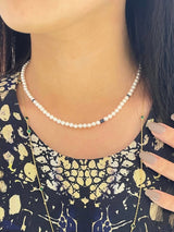 Akoya Pearl & Sapphire fine jewelry  Necklace in 18k gold on model 2