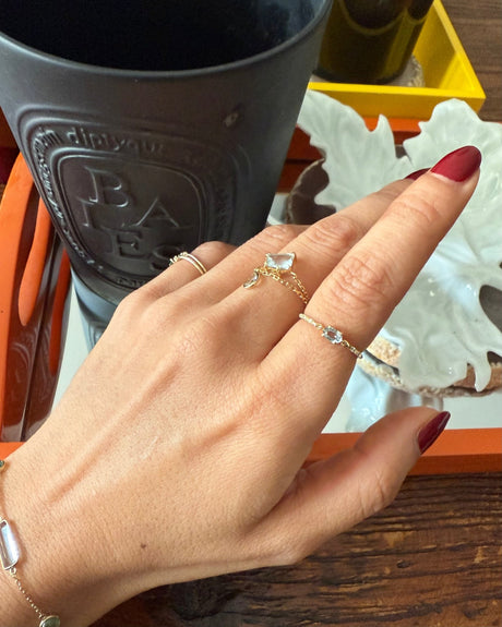 Alexandrite Petite Circle Diamond Ring 18k gold stackable ring on model