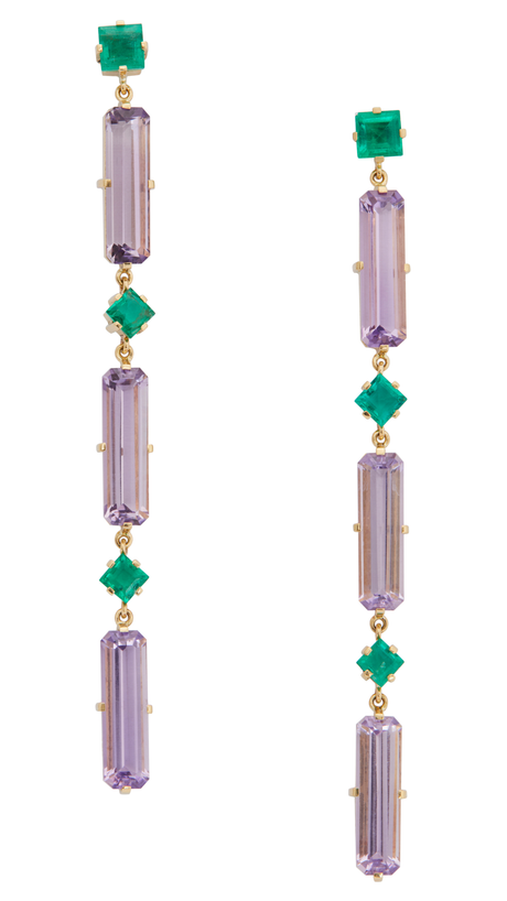Amethyst & Emerald Cascade Bar Earrings 18K Gold Handmade Fine Jewelry