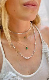 Aphrodite Akoya handmade Pearl Necklace in 18k gold on model 3